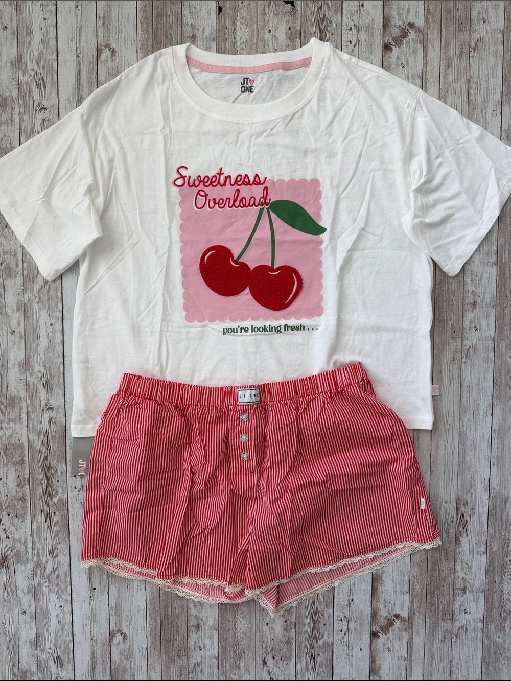 JT One Cherry Pajama Set Sweetness Overload sz Medium White Red Lace Striped